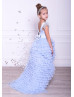 Blue Ruffled Tulle Feather High Low Flower Girl Dress